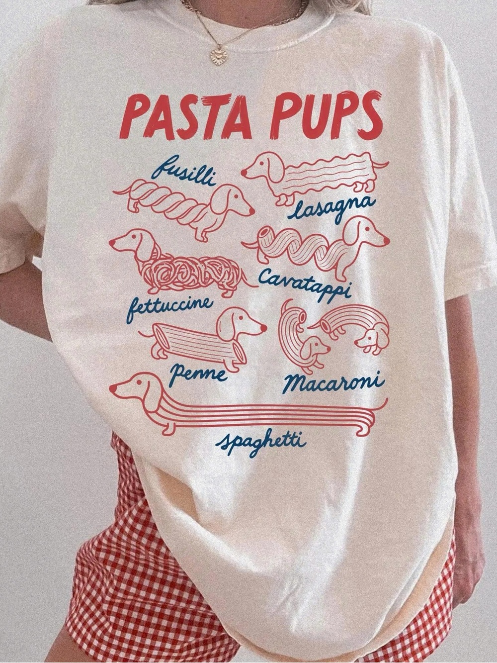 Pasta Pups Graphic Dog Tee - Cream with Red & Blue Print